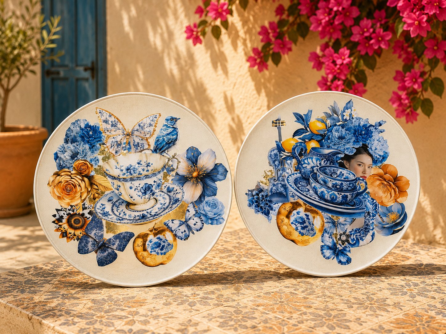 Twee sierborden in Delfts blauw met goud