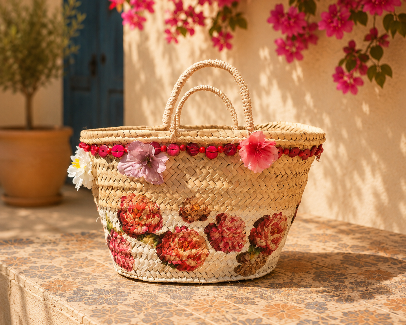 Rieten mand met decoupage bloemen
