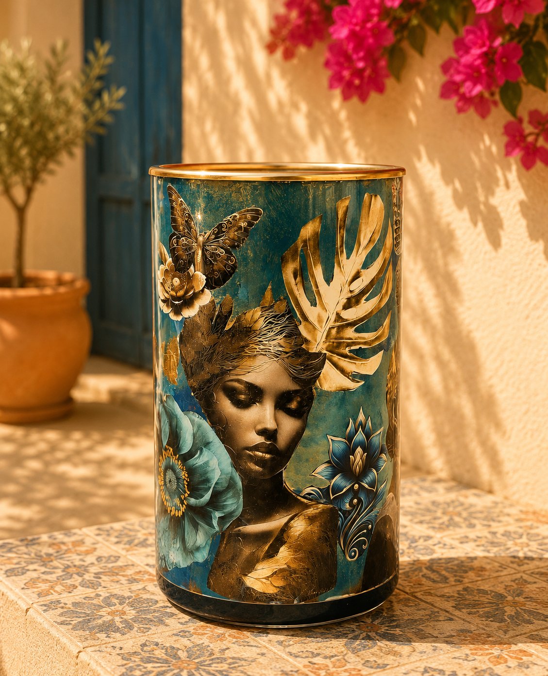 Vaas in goud en teal met vrouwenfiguur